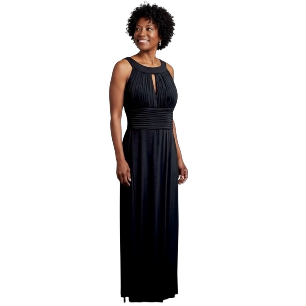Sangria Black Halter Maxi Sleeveless Ruched Pleated Ankle Length Dress Gown - Picture 2 of 9